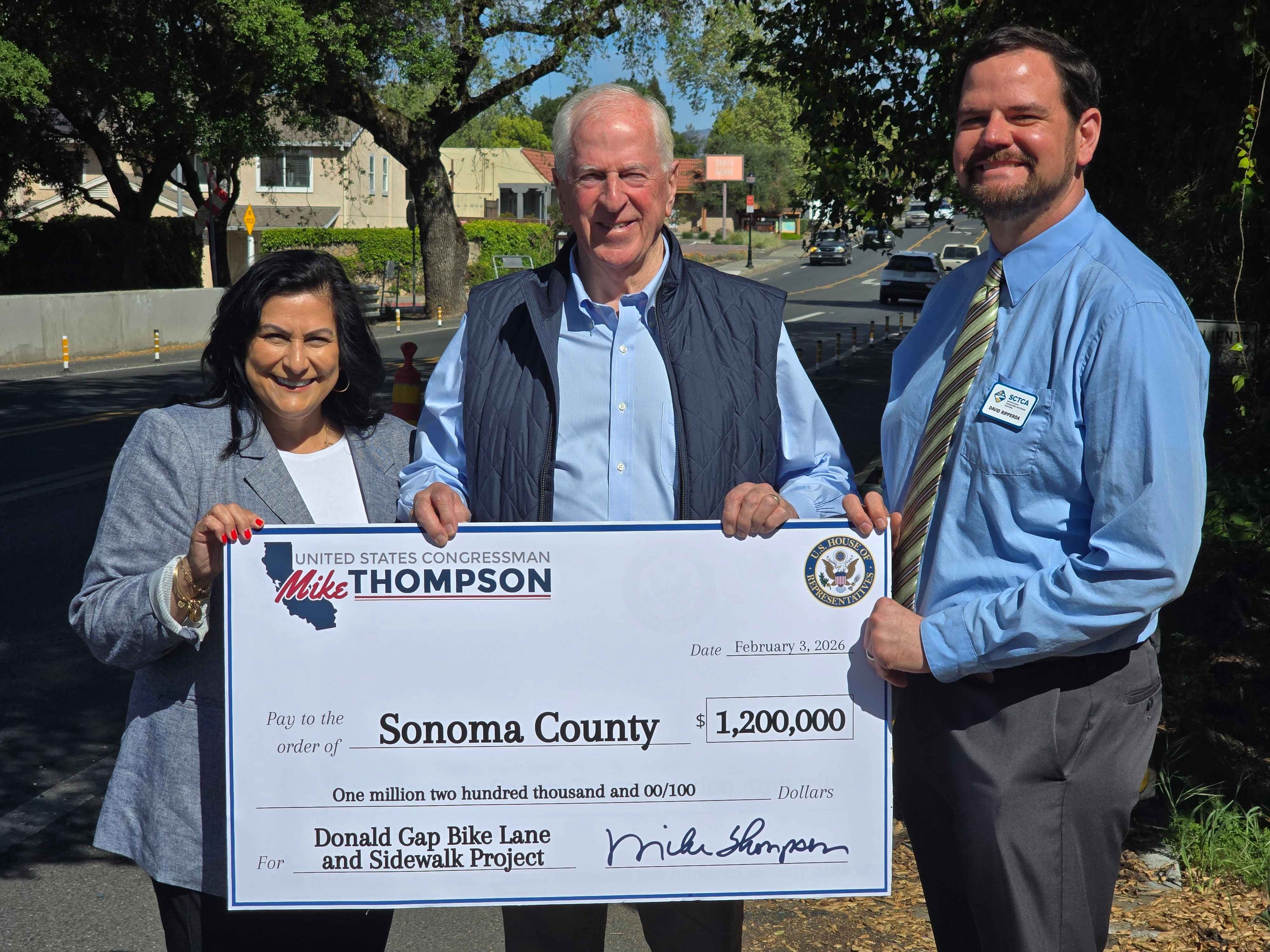 Rep. Thompson Presents Check for Sonoma County Bike Lanes and Sidewalks