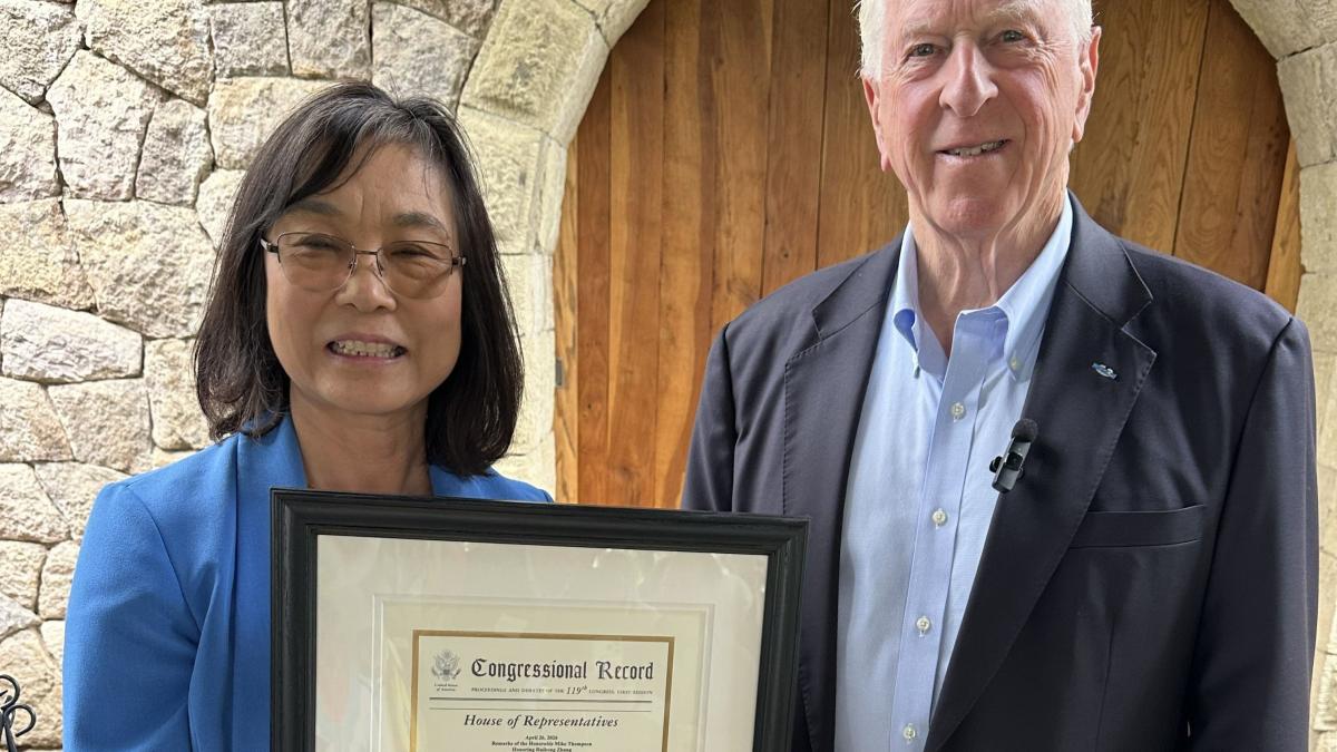 Rep. Mike Thompson recognizes Dr. Ruihong Zhang as the 2026 Yolo County Climate Crisis Champion.