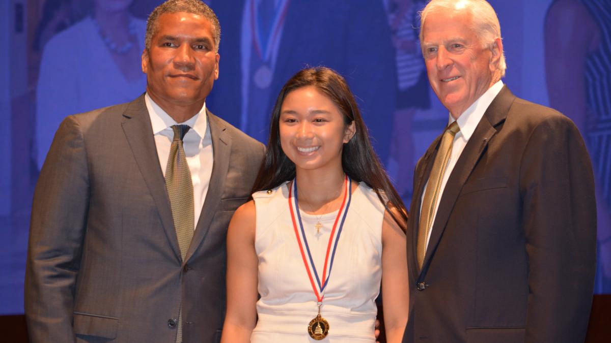 From left to right: Congressional Award Chairman Paxton K. Baker, Alannah Ruiz, Rep. Mike Thompson.