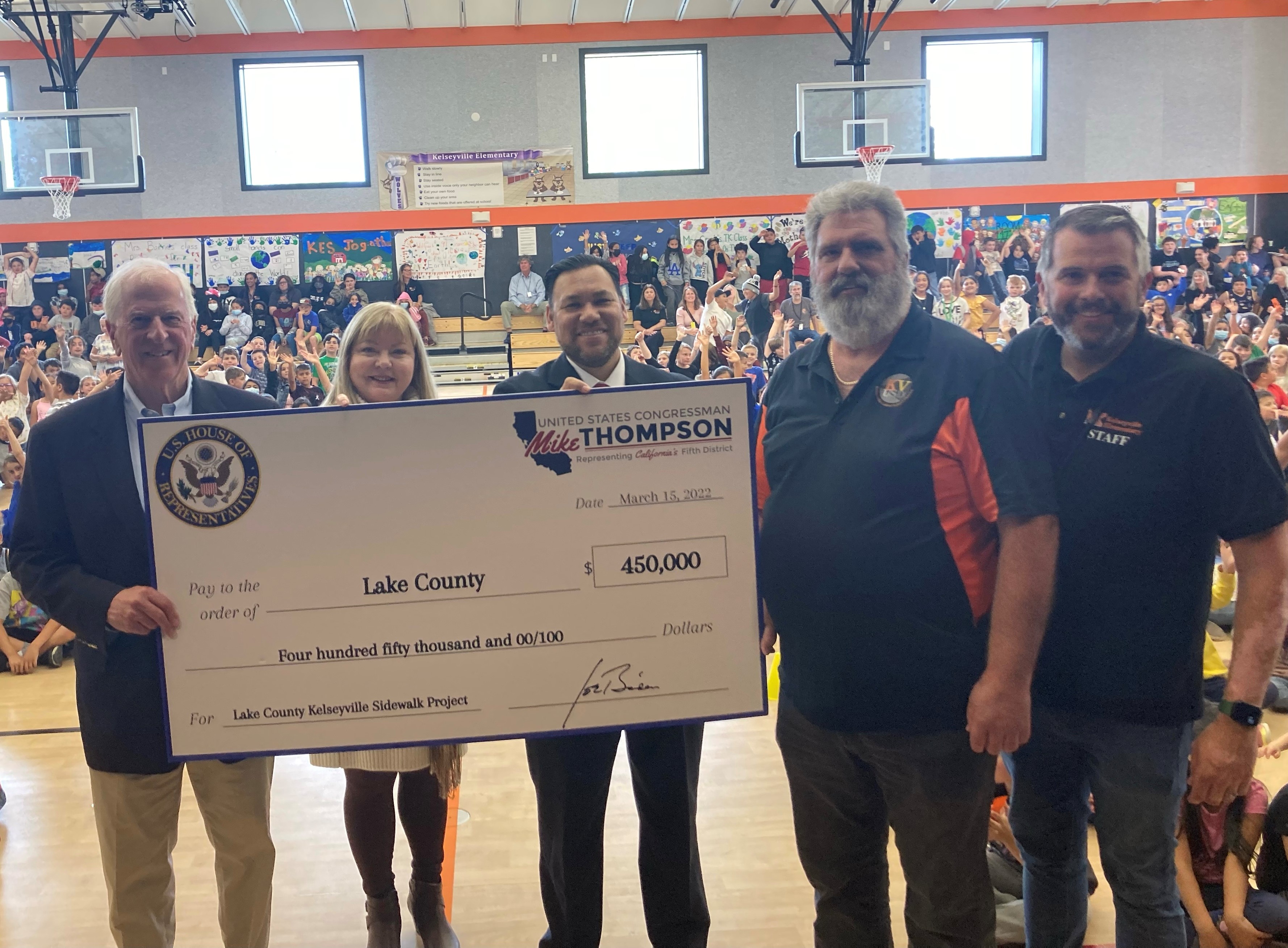 Thompson Presents Check to Lake County for Kelseyville Safe Streets Program